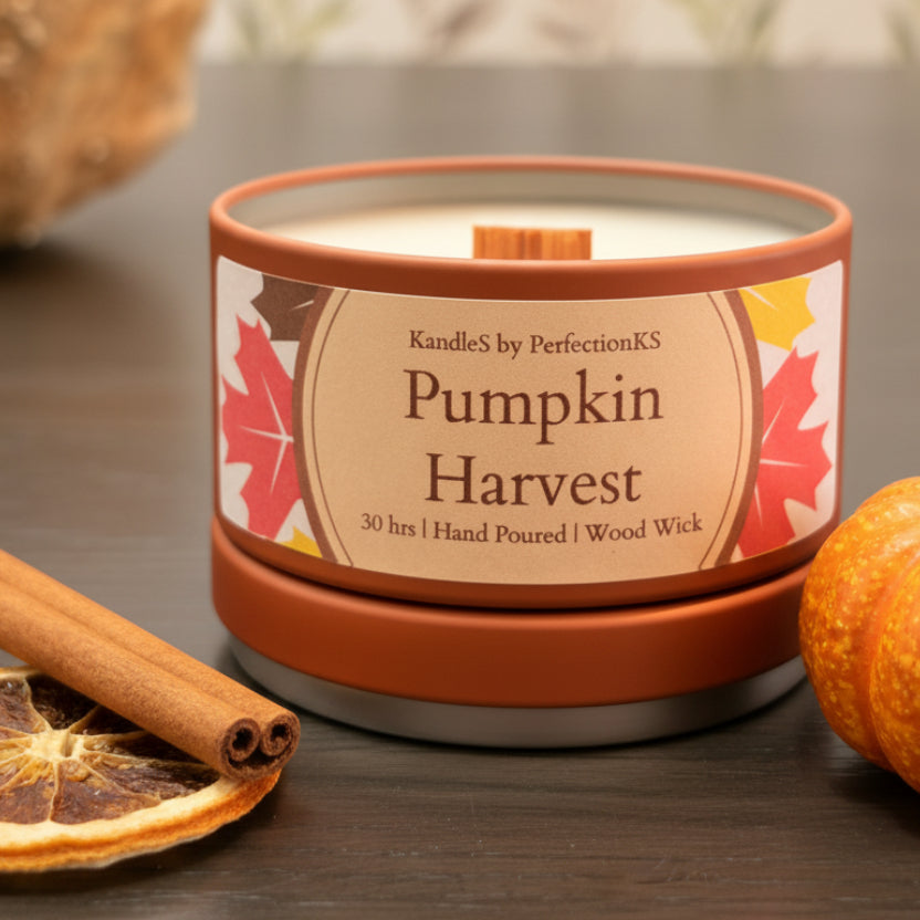A candle tin labeled 'Pumpkin Harvest' by CandleS by PerfectionKS, with a terracotta-colored metal container, cream wax, and a decorative label featuring autumn leaves, set on a dark tabletop with a blurred floral background.