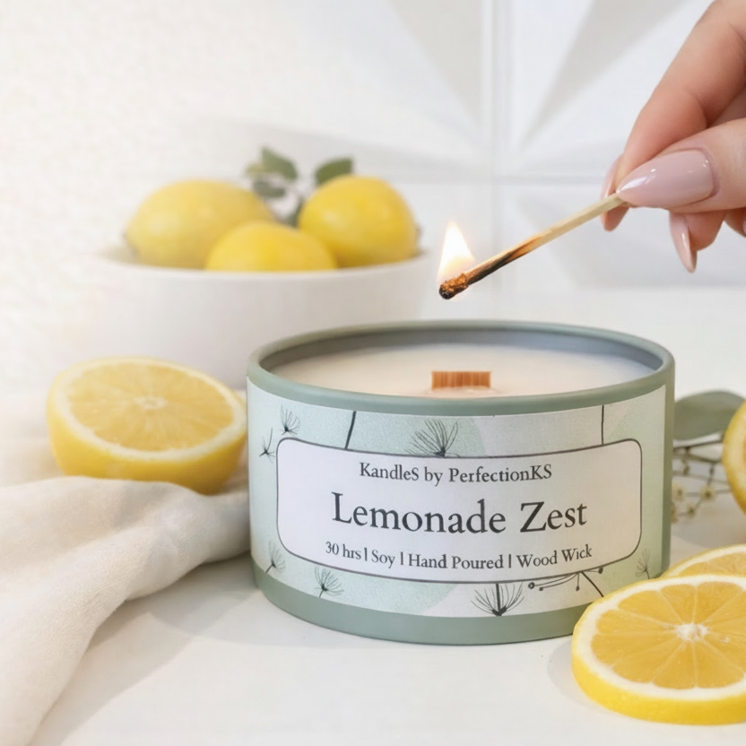 Candle labeled 'Lemonade Zest' being lit with lemons and a match in the background