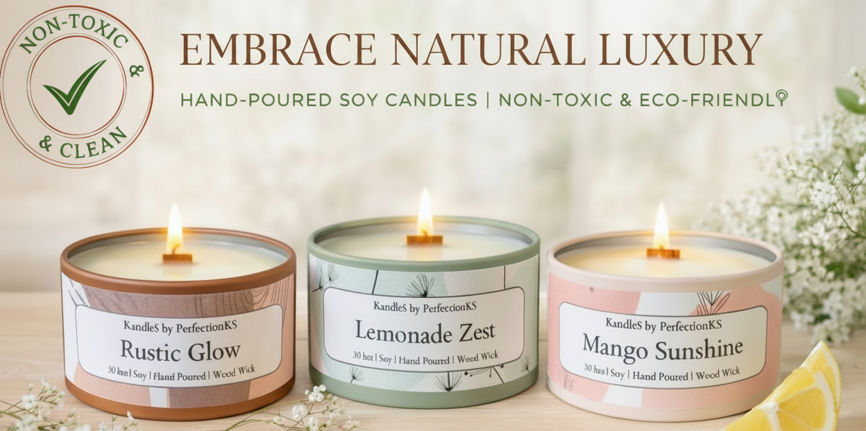 Three hand-poured soy candles with labels on a wooden surface, featuring 'Rustic Glow', 'Lemonade Zest', and 'Mango Sunshine'.