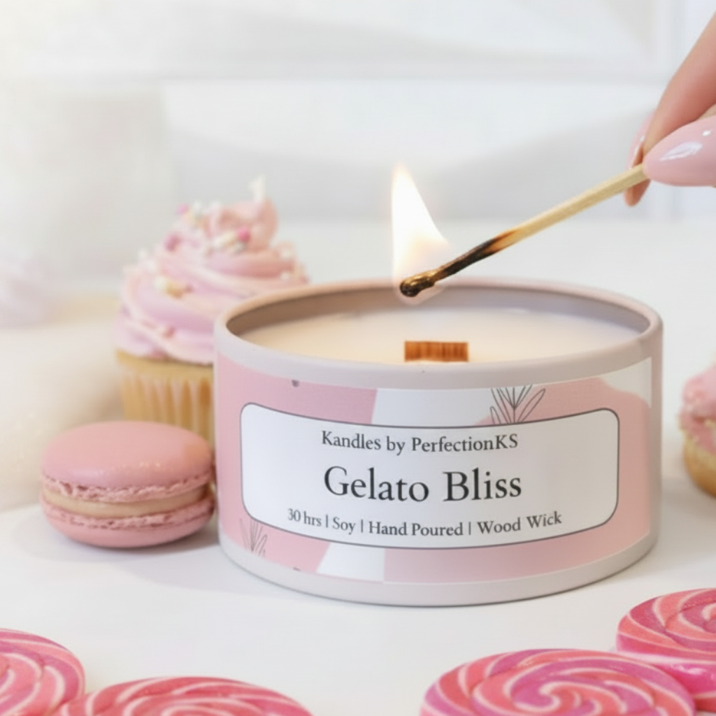 Candle labeled 'Gelato Bliss' being lit with a match, surrounded by sweet-themed items on a white background.