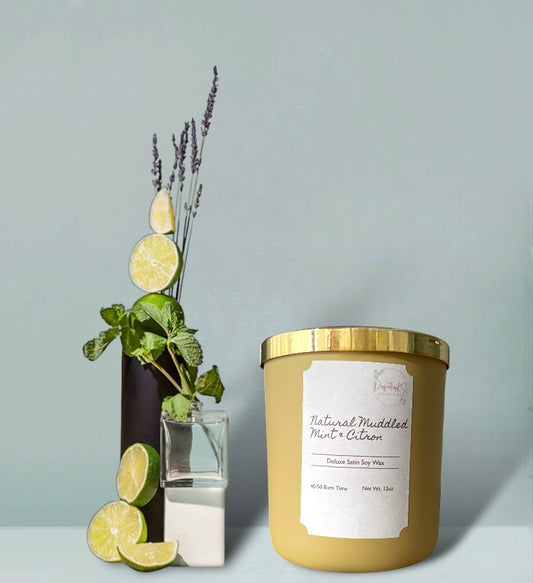 Mint Citron Bliss Luxury Candle in a 12oz glass matte yellow  container with a gold lid