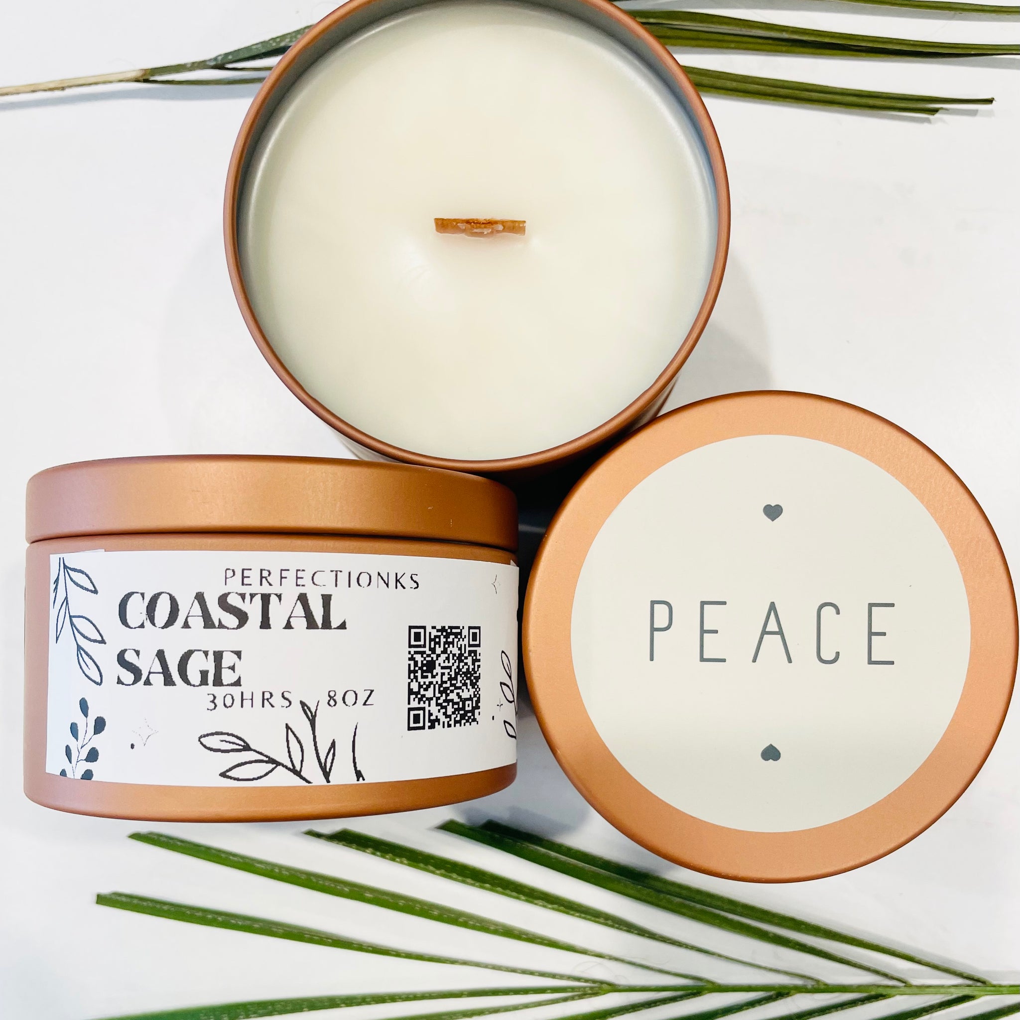 coastal sage luxury candle in an 8oz bronze metal tin with a matching lid