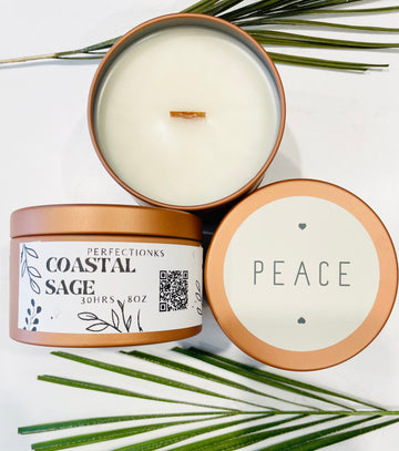 coastal sage luxury candle in an 8oz bronze metal tin with a matching lid