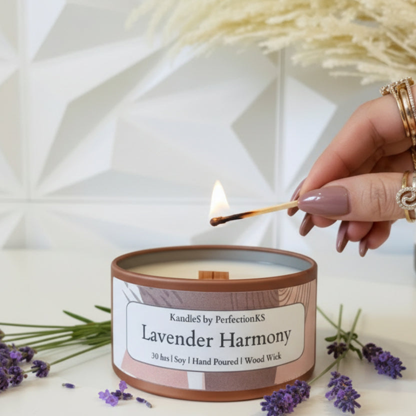 Candle labeled 'Lavender Harmony' by Kandle5 by PerfectionKS on a white surface with decorative elements.